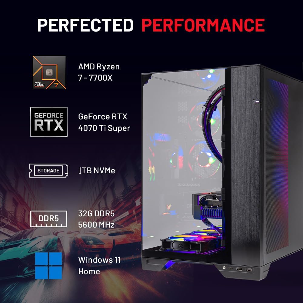 Ryzen 7 7700X RTX 4070 Ti Super 16GB 1TB Gen4 SSD 32GB DDR5 RAM 750W Gold PSU Gaming PC W64206