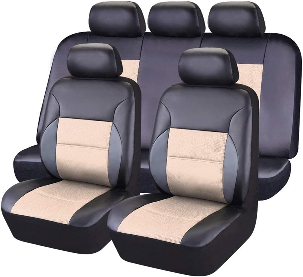 11PCS Leather Car Seat Covers Set Black and Beige N354090