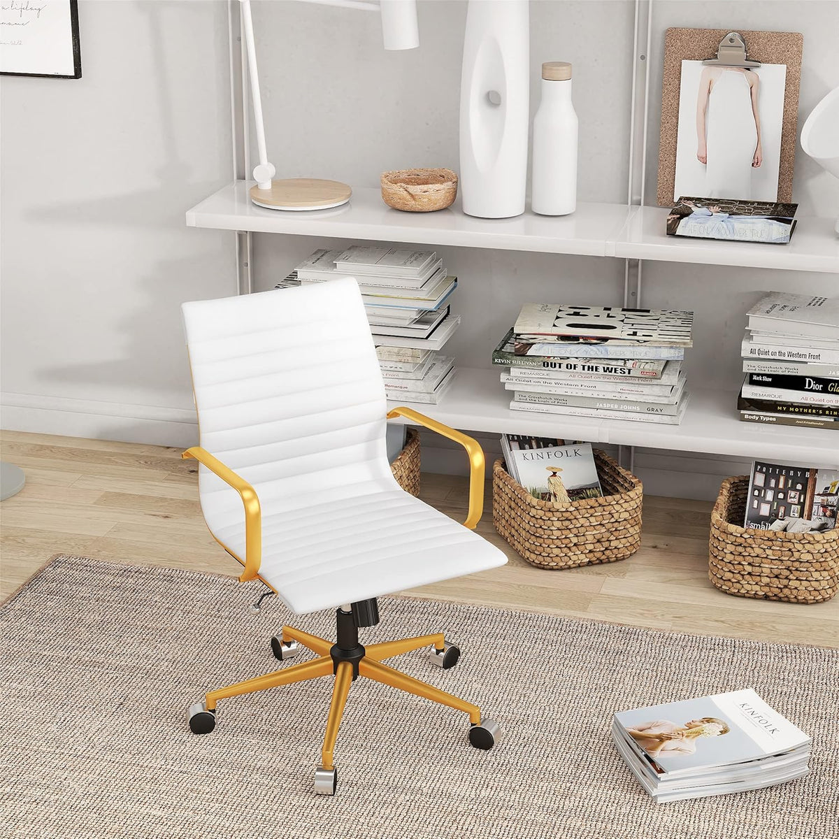 Gold and White Office Chair with Arms and Wheels Y281581