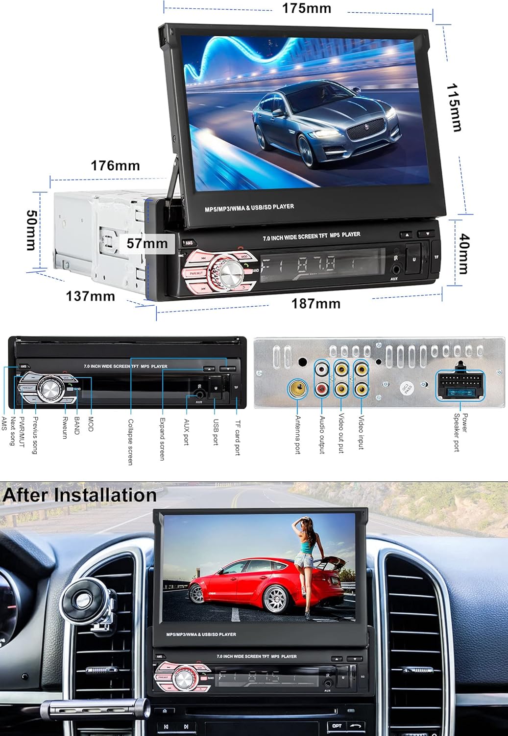 Single Din 7 Inch Flip Out Touchscreen Car Stereo with Backup Camera Q57779
