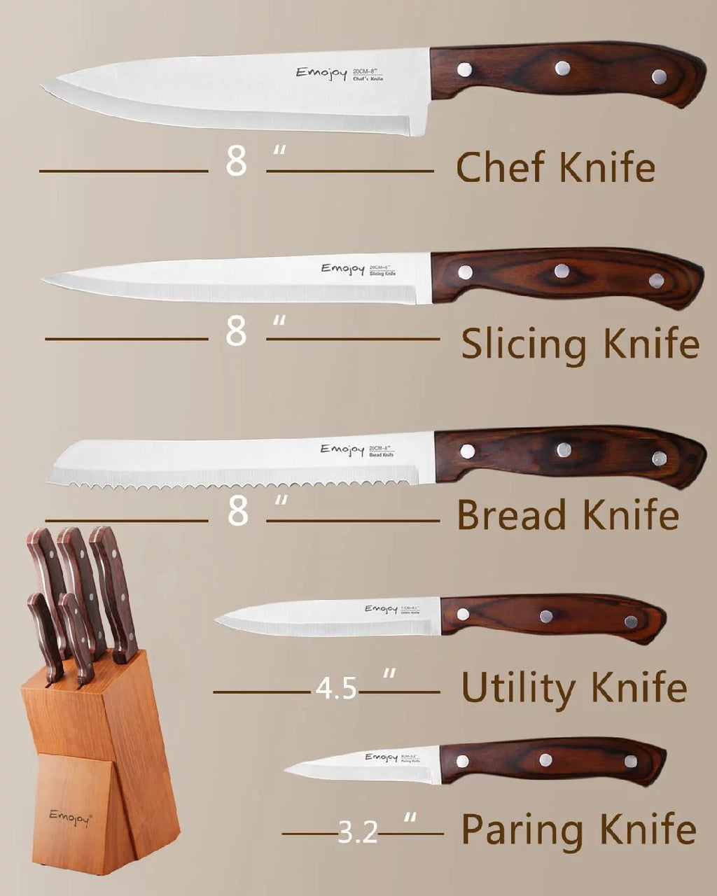 6 Pcs High Carbon Stainless Steel Wooden Handle Knife Block Set U8151