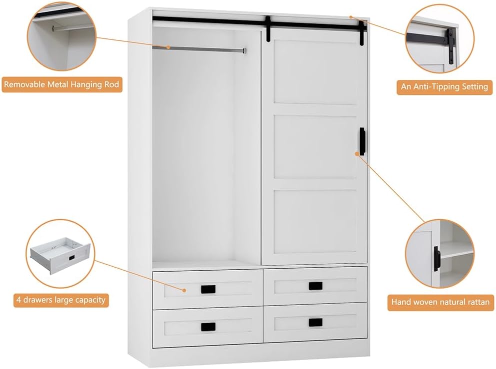 Solid Wood Armoire Wardrobe Closet with Sliding Barn Door, 4 Drawers, 3 Adjustable Shelves & Hanging Rod T364