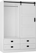 Solid Wood Armoire Wardrobe Closet with Sliding Barn Door, 4 Drawers, 3 Adjustable Shelves & Hanging Rod T364
