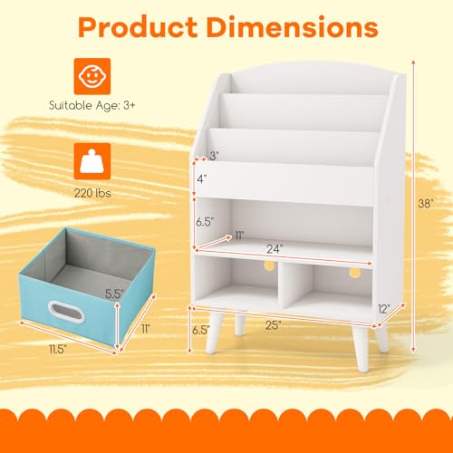 White Wooden Kids Bookshelf with 2 Cube Bins V18814
