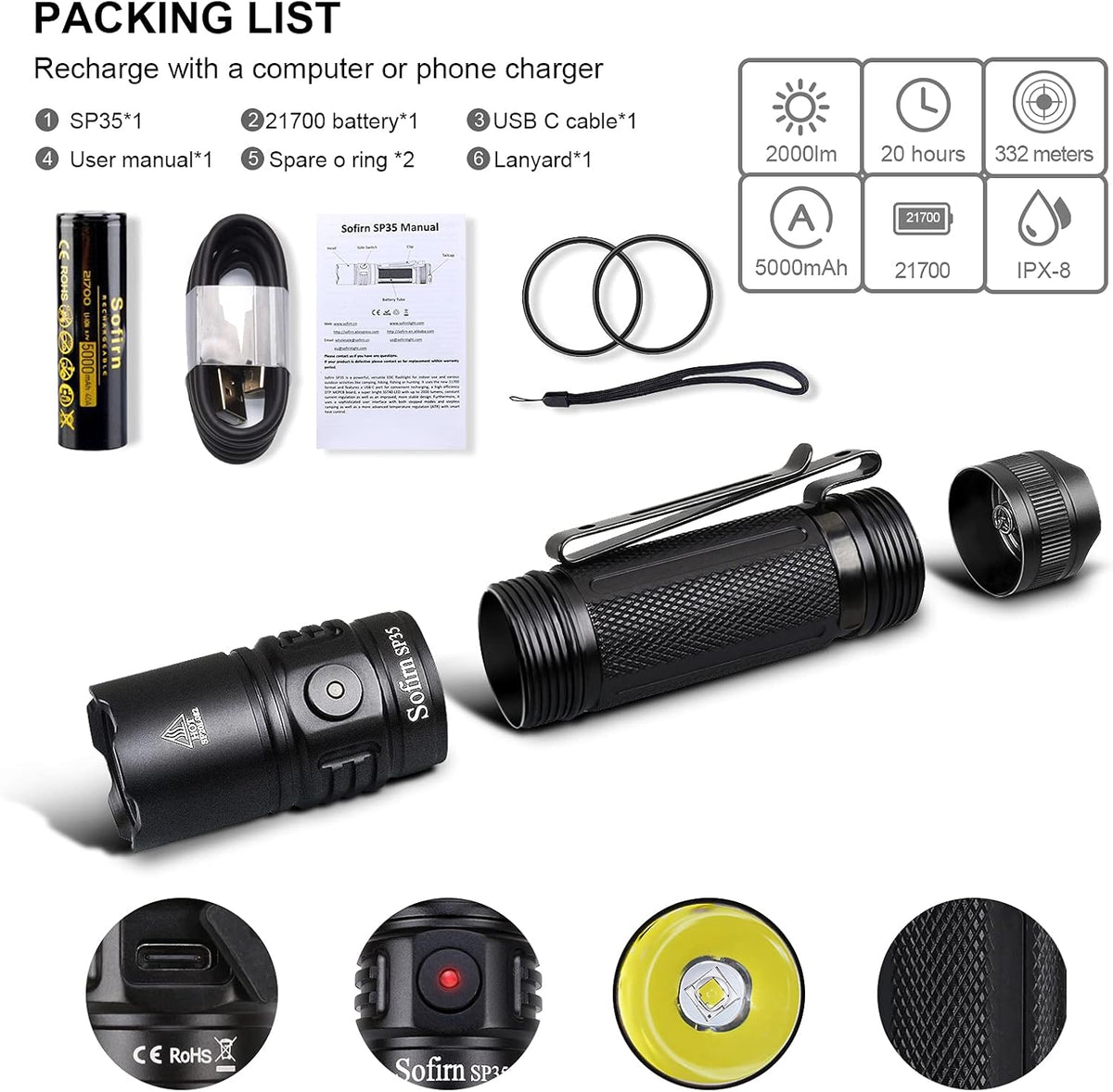 Rechargeable LED Flashlight 2000 Lumen 6500K G627844