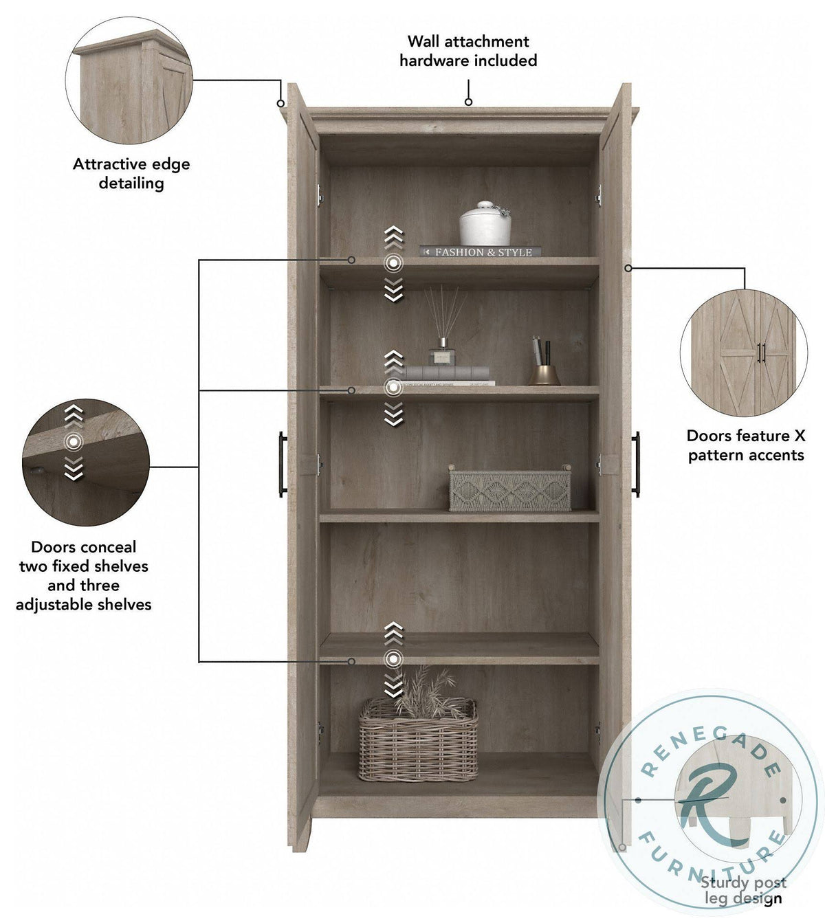 Washed Gray Engineered Wood Bathroom Storage Cabinet with Doors A40538