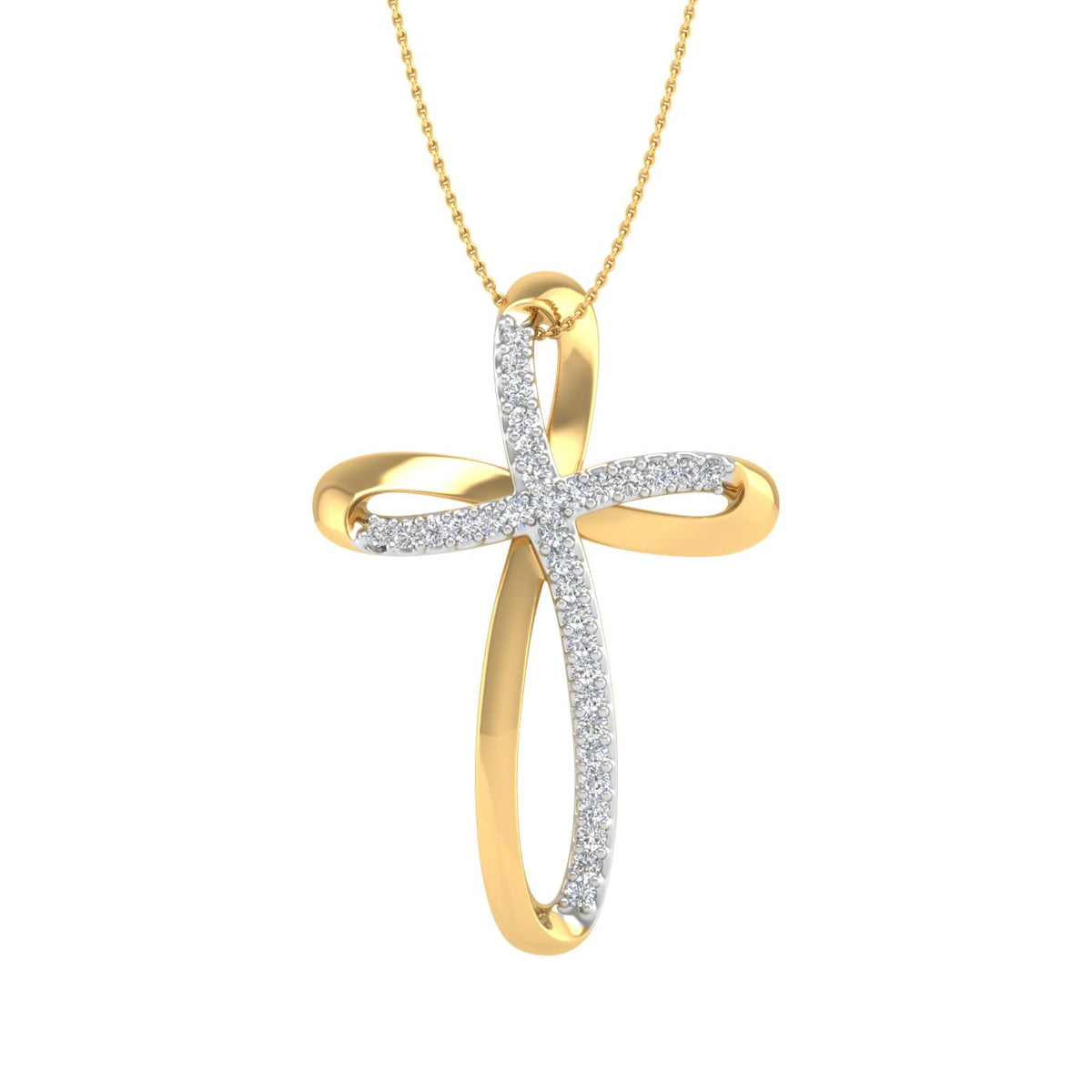 18K Yellow Gold over Sterling Silver Round Diamond Cross Pendant Necklace J312981