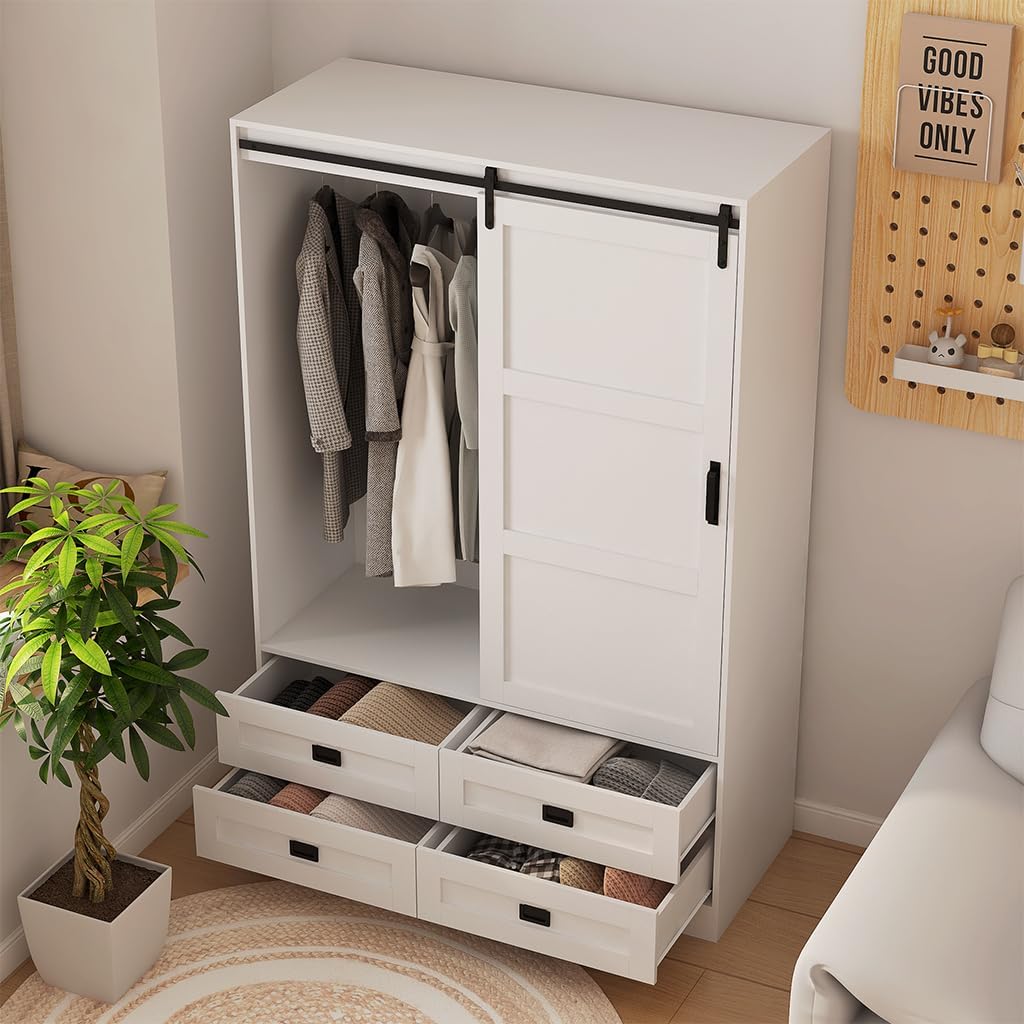 Solid Wood Armoire Wardrobe Closet with Sliding Barn Door, 4 Drawers, 3 Adjustable Shelves & Hanging Rod T364