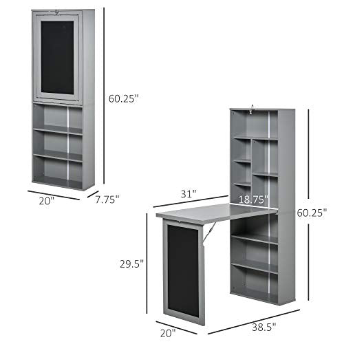 Grey Wall Mount Desk Cabinet with Blackboard and Side Shelf I2982
