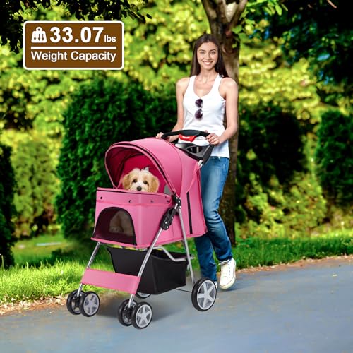 Purple 4 Wheels Folding Pet Stroller with Storage Basket & Breathable Mesh W30779