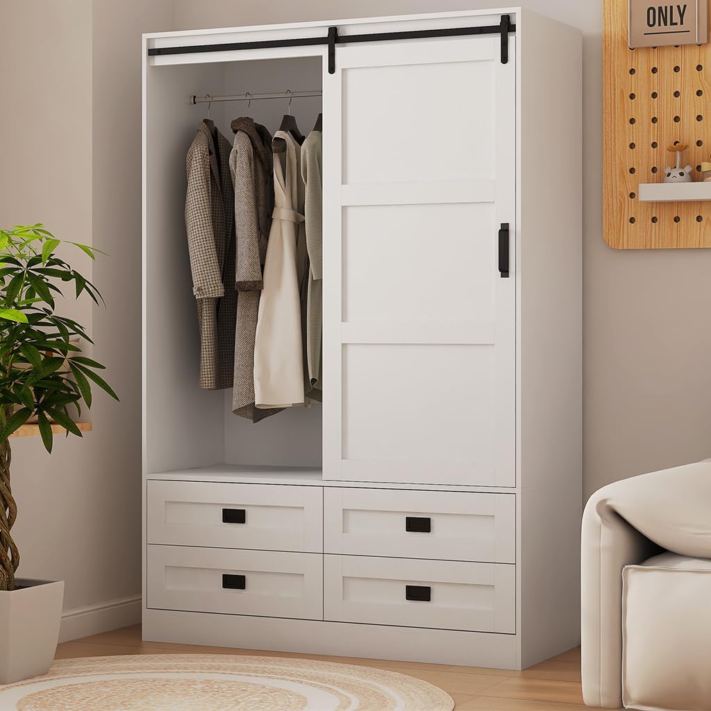 Solid Wood Armoire Wardrobe Closet with Sliding Barn Door, 4 Drawers, 3 Adjustable Shelves & Hanging Rod T364