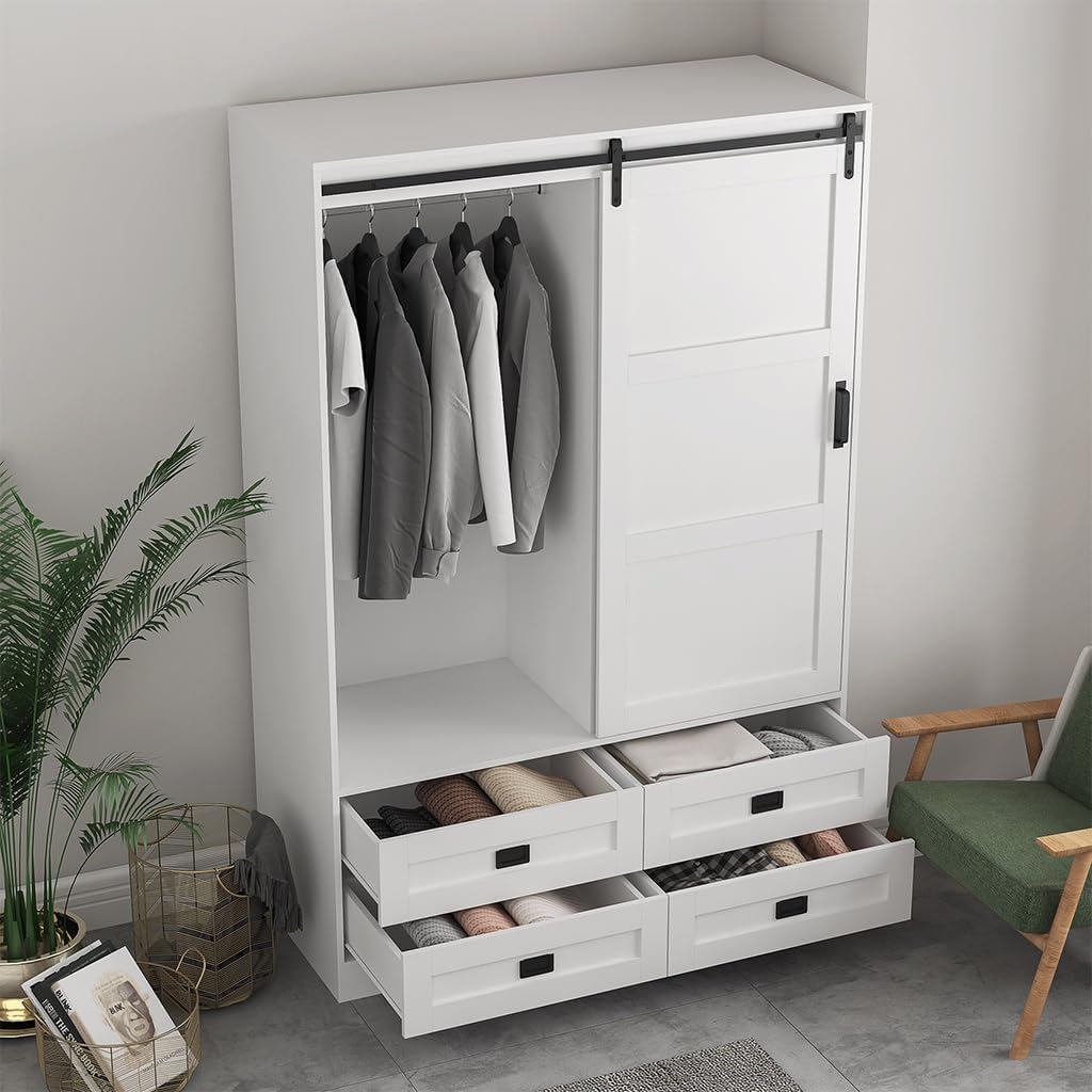 Solid Wood Armoire Wardrobe Closet with Sliding Barn Door, 4 Drawers, 3 Adjustable Shelves & Hanging Rod T364