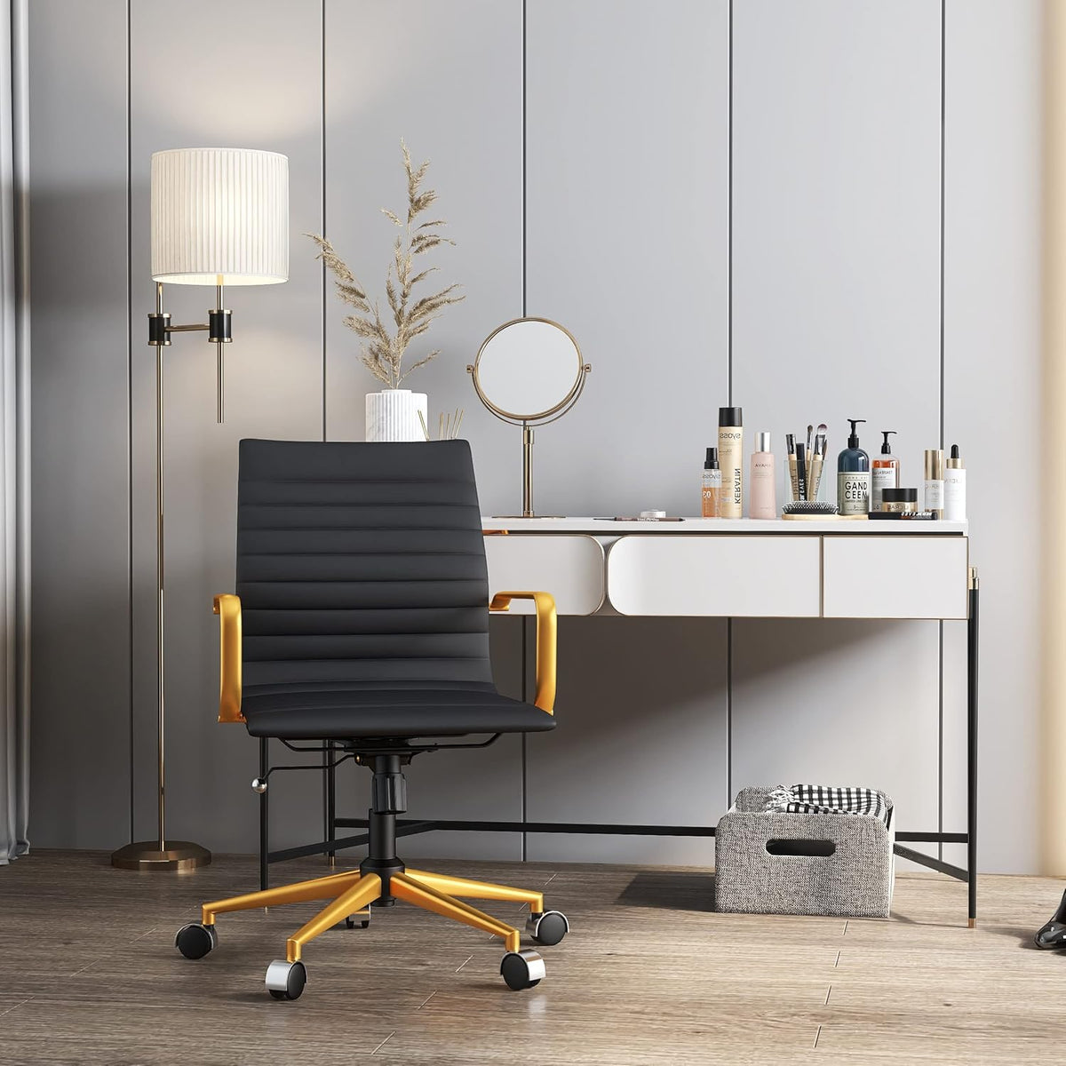 Gold and White Office Chair with Arms and Wheels Y281581