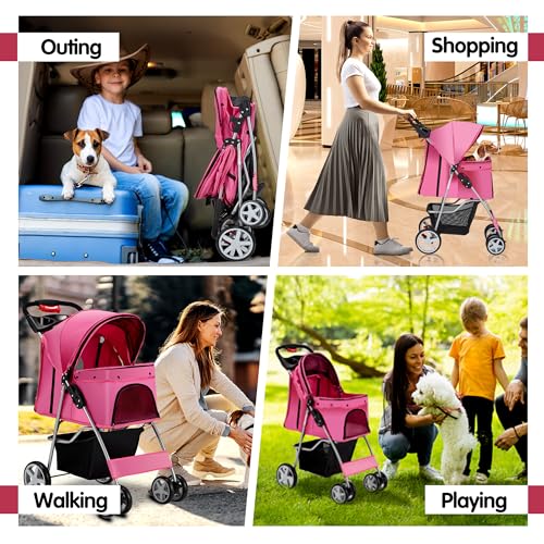 Purple 4 Wheels Folding Pet Stroller with Storage Basket & Breathable Mesh W30779