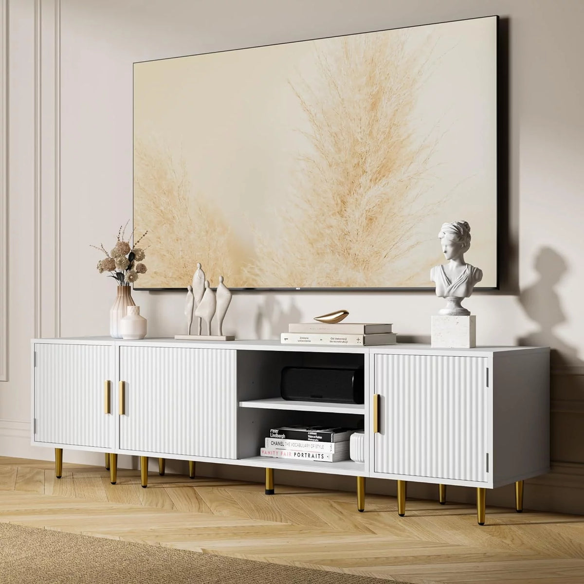 White TV Stand with Storage Cabinet W572
