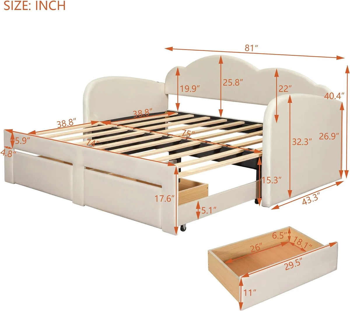 Beige Upholstered Daybed with Storage Drawers and Trundle X566204