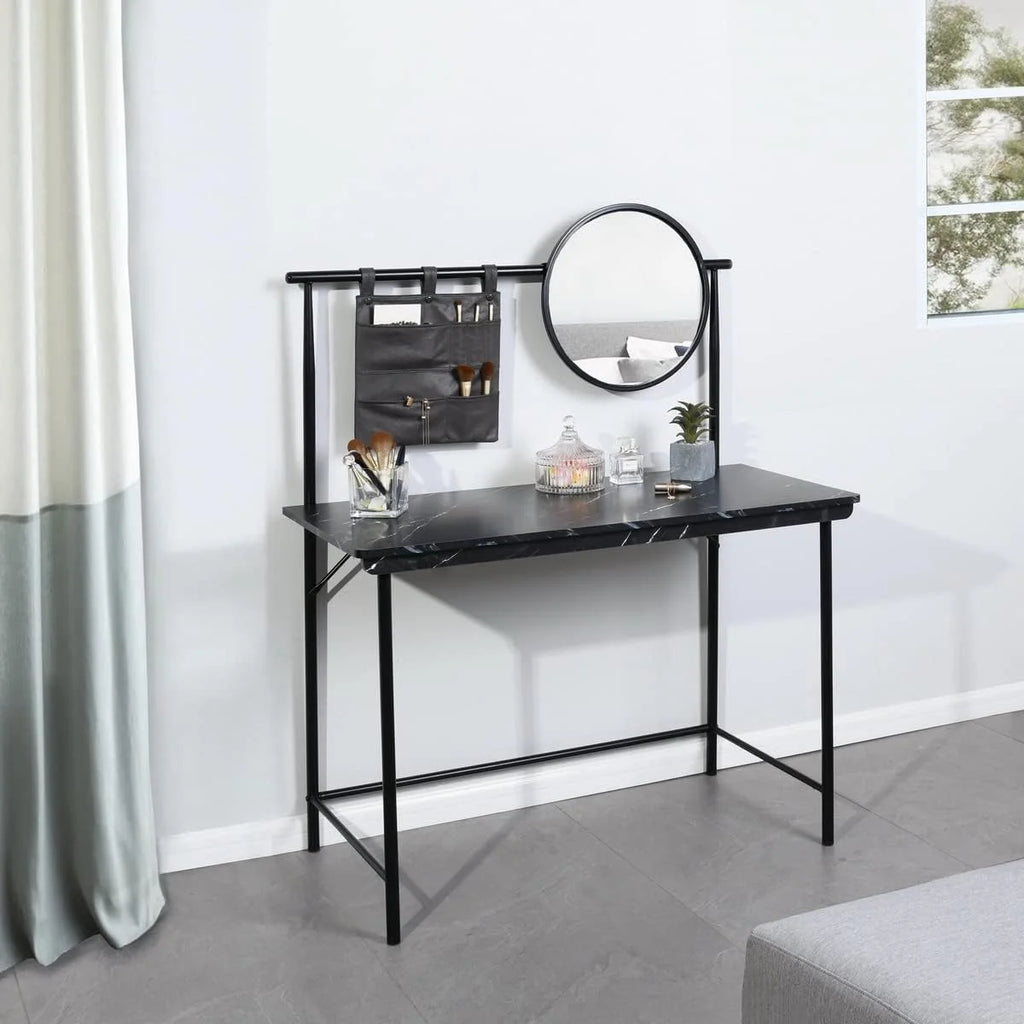 Black Vanity Desk with Removable Circular Mirror E5701