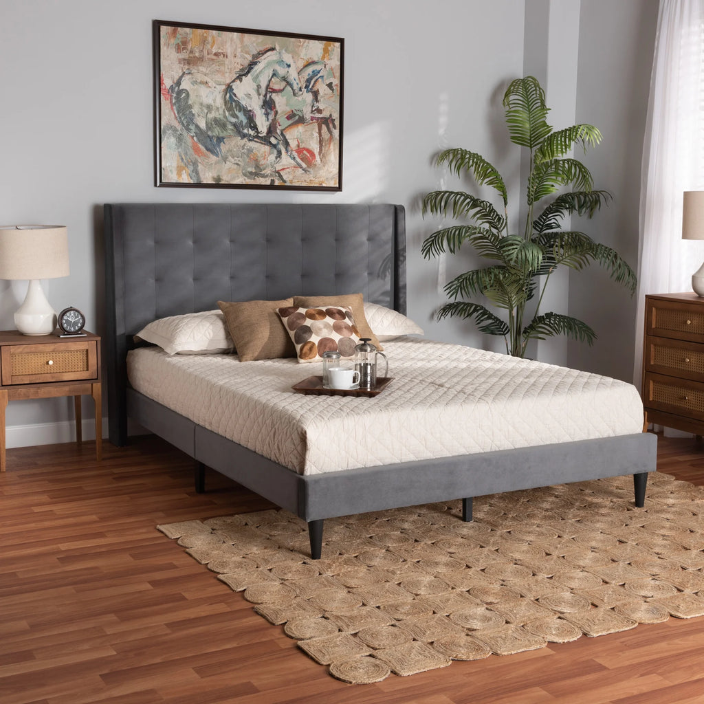 Grey Velvet Upholstered Dark Brown Wood King Size Platform Bed N386930