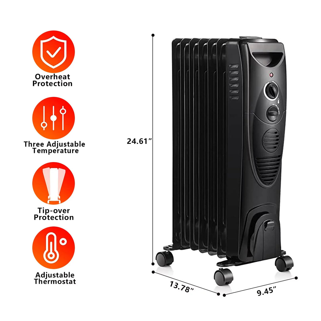 Oil Filled Radiator Heater Portable Electric Heater with 3 Heat Settings Black Q840
