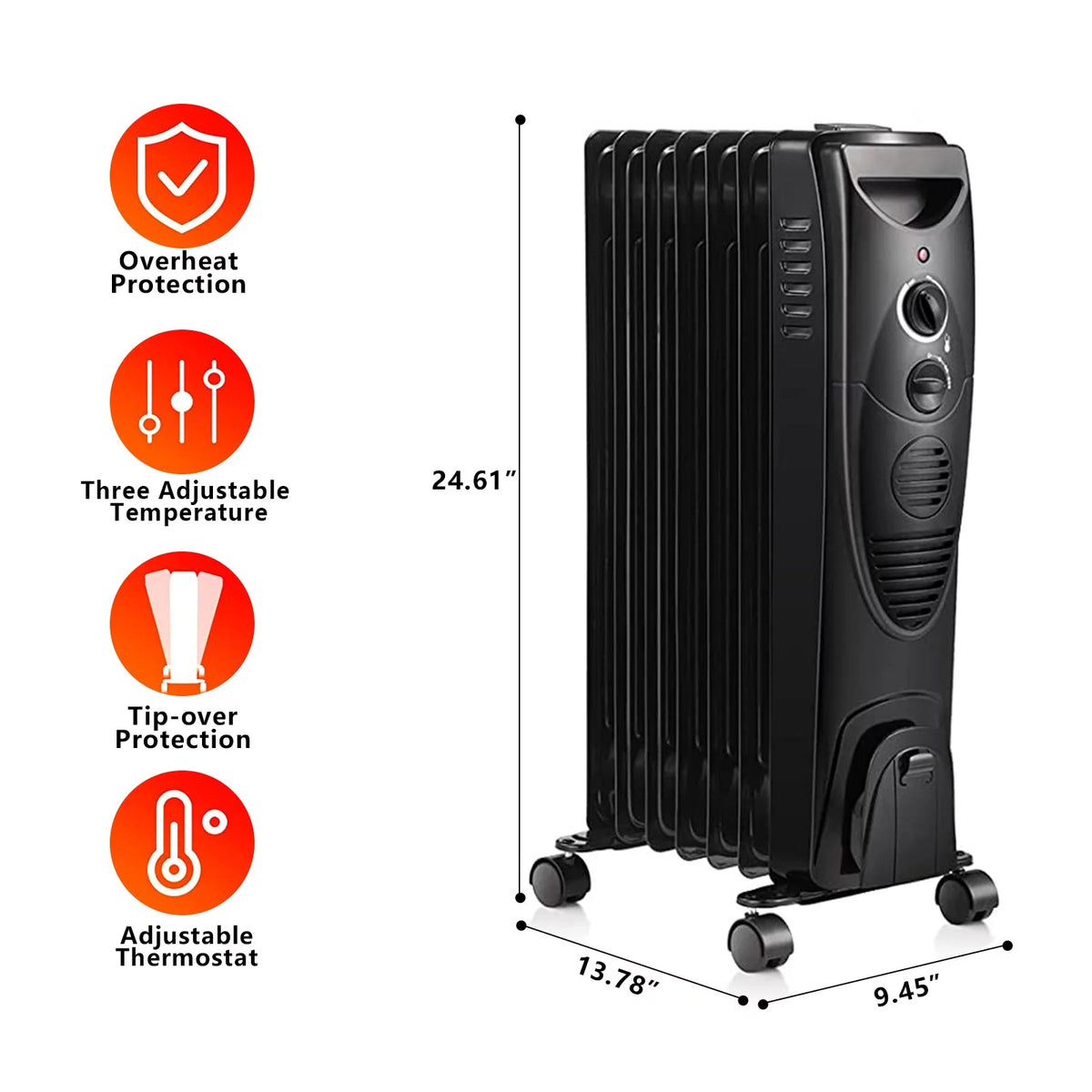 Oil Filled Radiator Heater Portable Electric Heater with 3 Heat Settings Black Q840