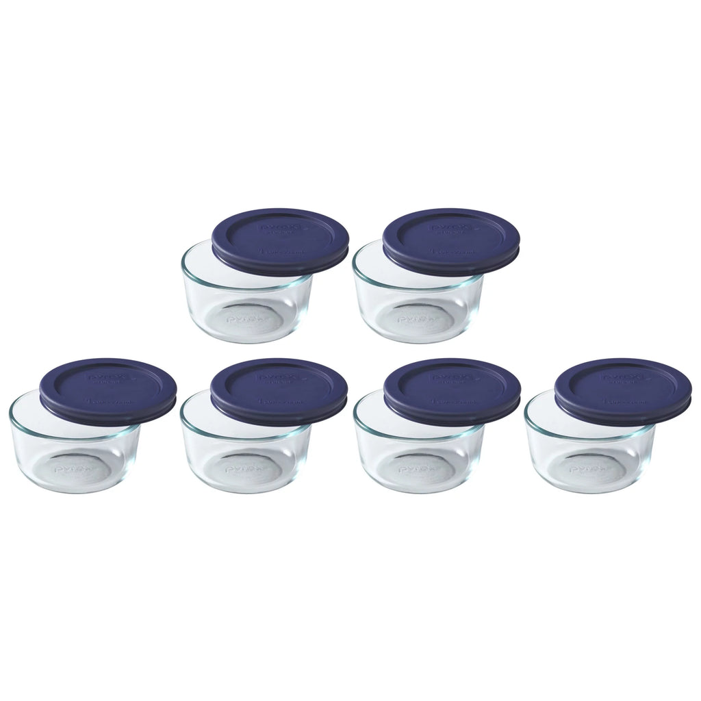1-Cup Clear Round Glass Food Storage Bowl with Blue Lid, 6-Pack P21418