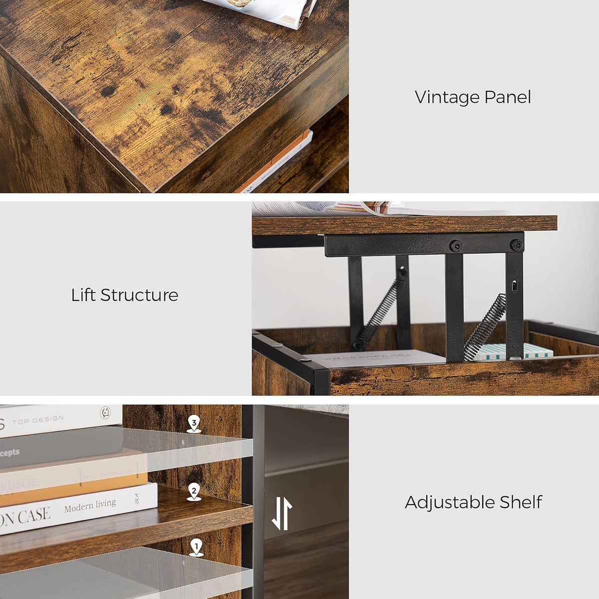 Rustic Brown and Black Nightstand with Lifting Top U3428