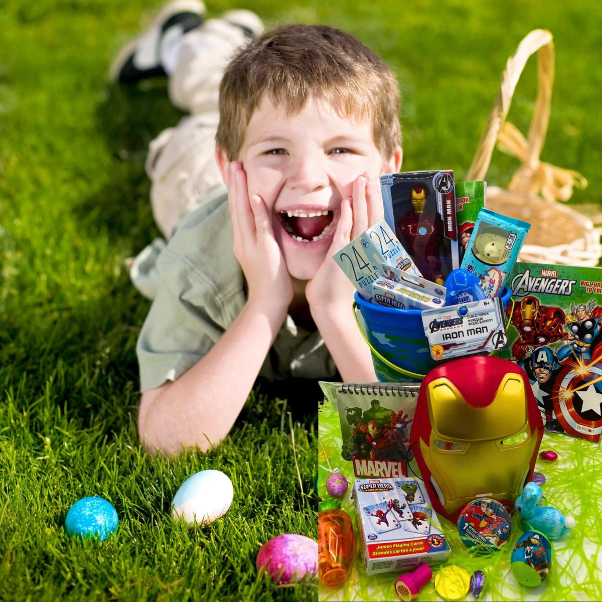 Easter Basket with Figure, Mask, Puzzle, Coloring Book, Ball, Candy P6798