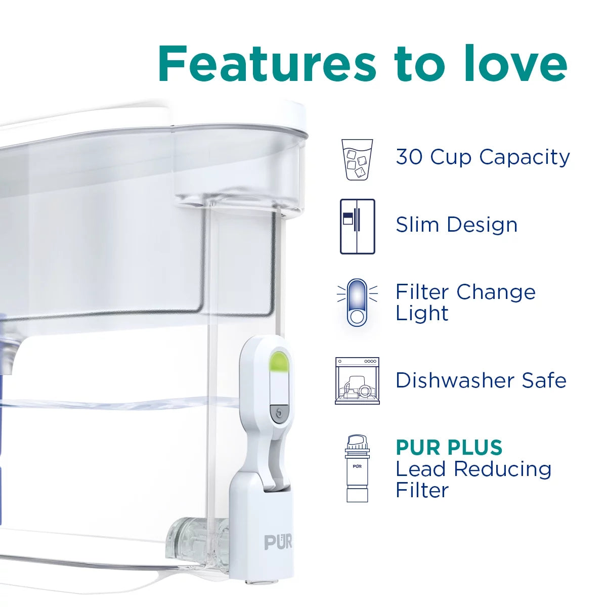 30 Cup Water Filter Dispenser with Filter, Dishwasher Safe, White H215
