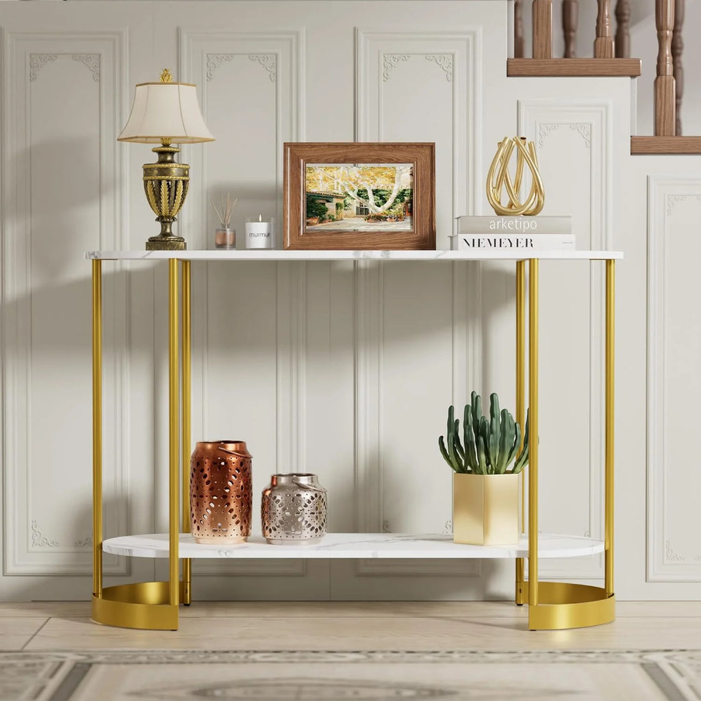 45.3" Gold Faux Marble 2-Tier Console Table I24196