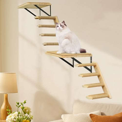 Cat Wall Climbing Shelf, 2 pcs 4 Step Wall-Mounted Ladder with Sisal Scratching Rope N8747