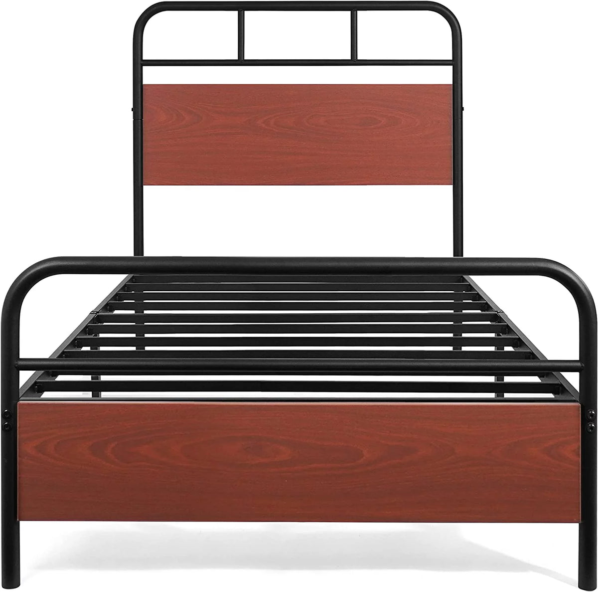 Twin Size Walnut Metal Platform Bed with Wood Headboard and Footboard E993