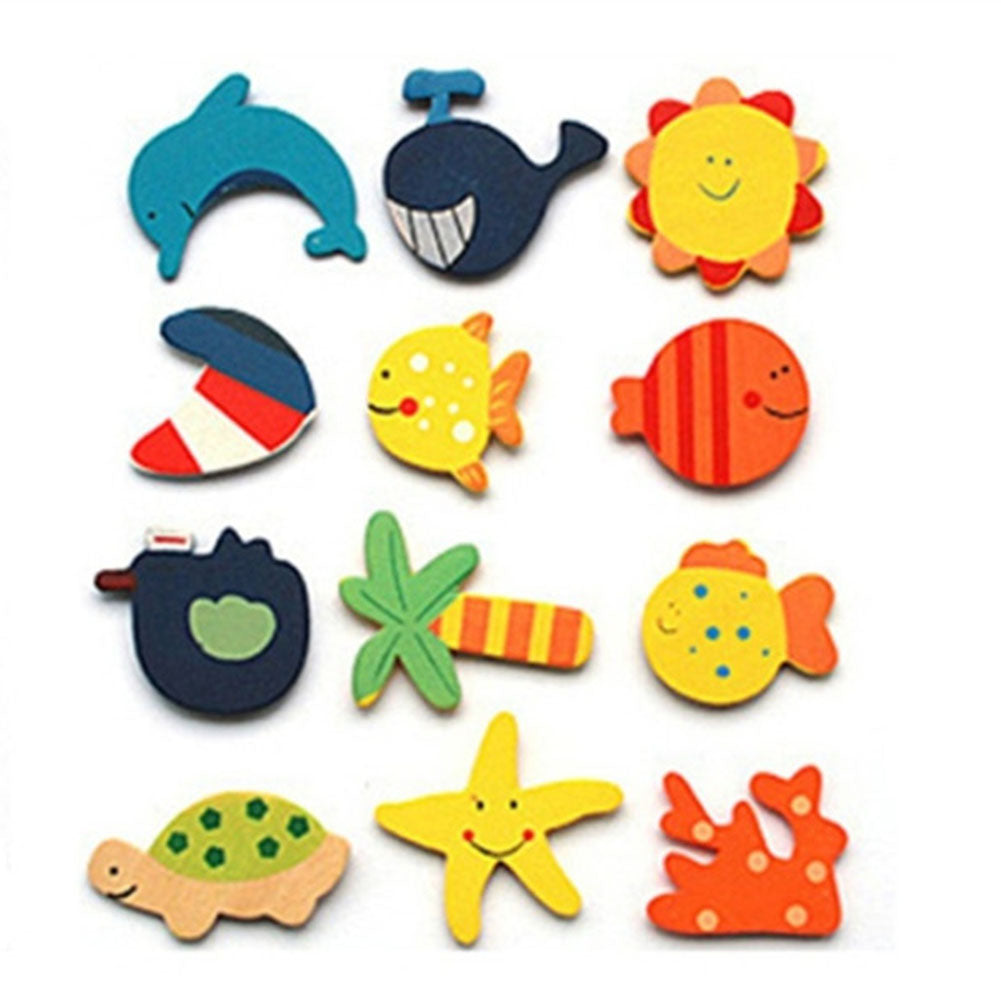 12Pcs/Set Wooden Cartoon Fridge Magnet Educational Toys L4450