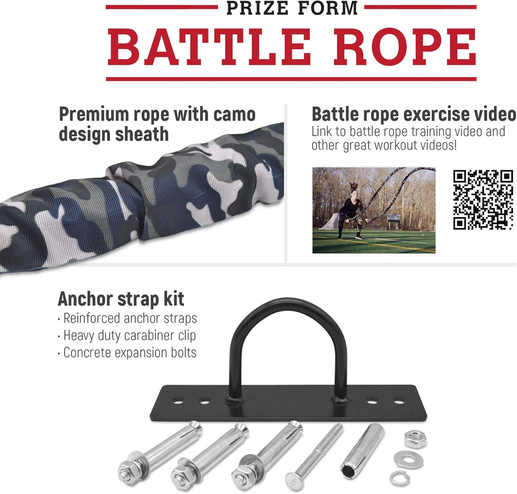 Battle Exercise Training Rope with Camo Protective Cover & Anchor Strap Kit, Poly Dacron 1.5 Inch Diameter 30ft 40ft X9651