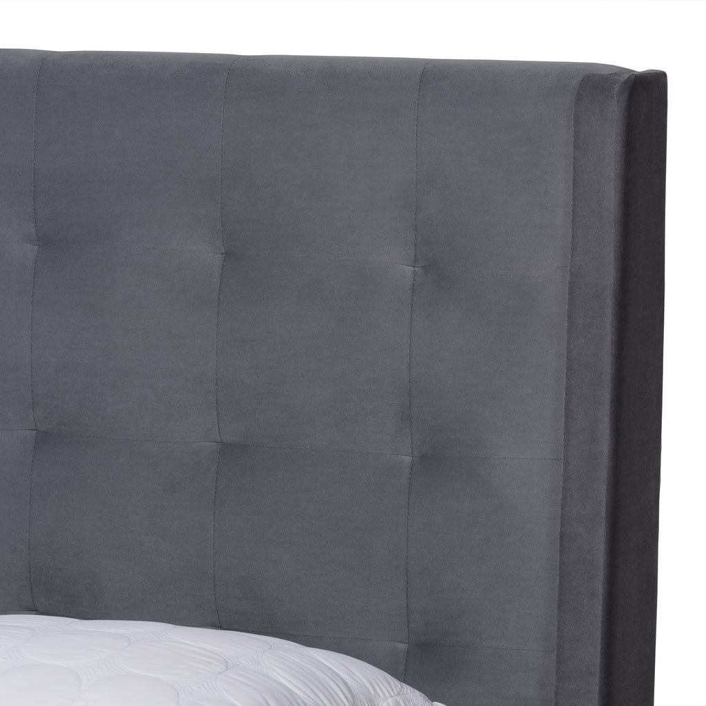 Grey Velvet Upholstered Dark Brown Wood King Size Platform Bed N386930