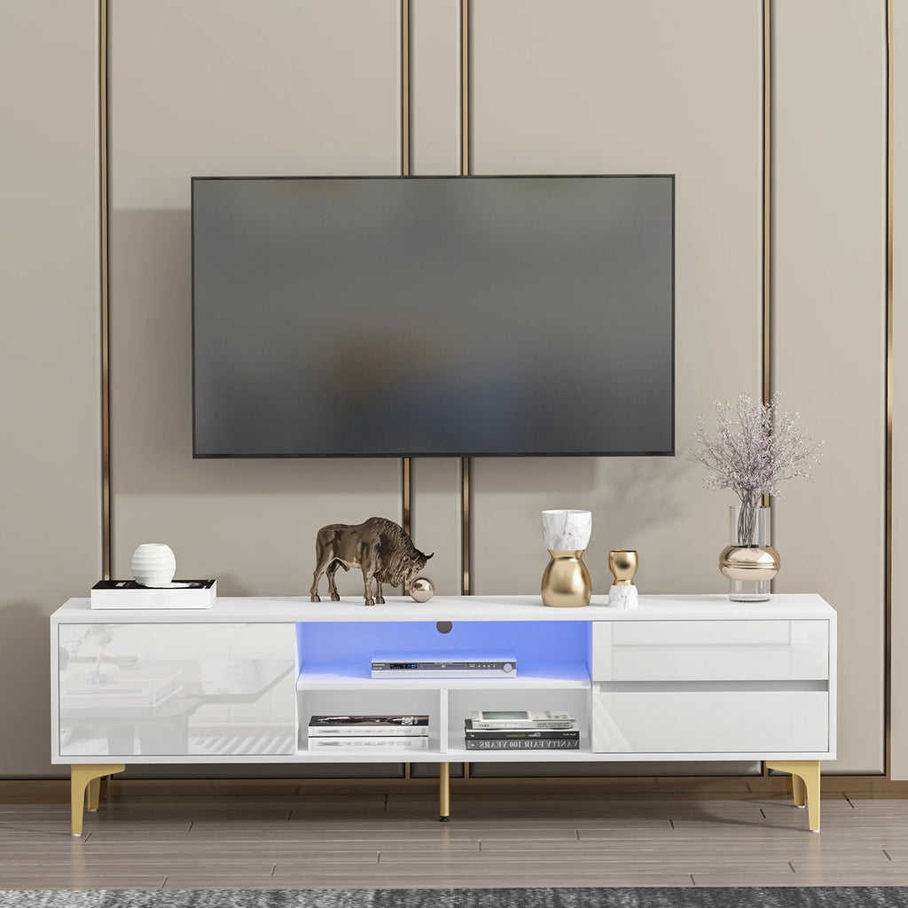 White TV Stand with LED Lights and Gold Metal Legs X316
