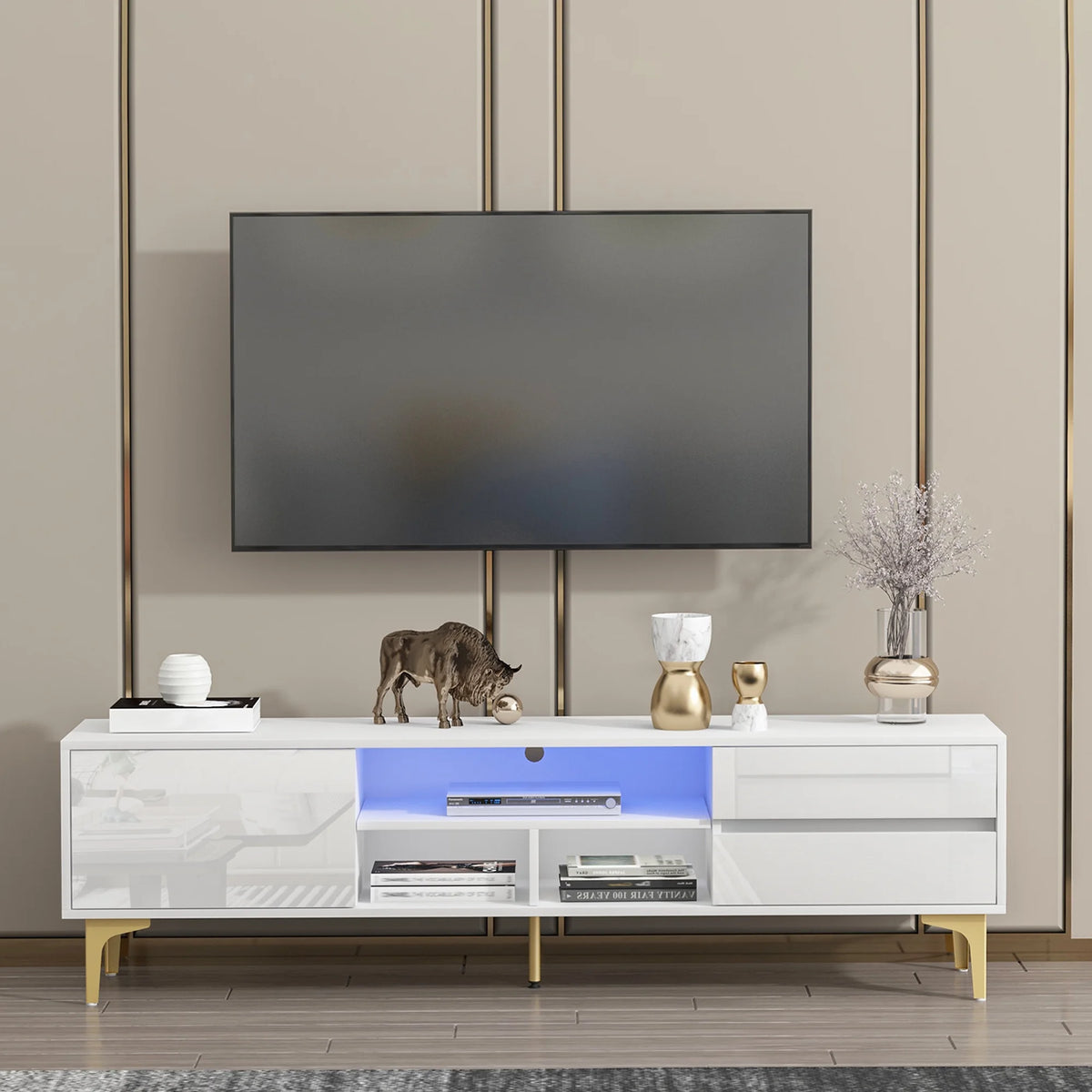 White TV Stand with LED Lights and Gold Metal Legs X316