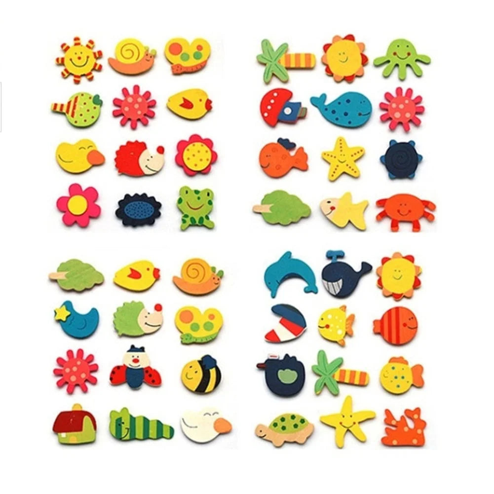 12Pcs/Set Wooden Cartoon Fridge Magnet Educational Toys L4450
