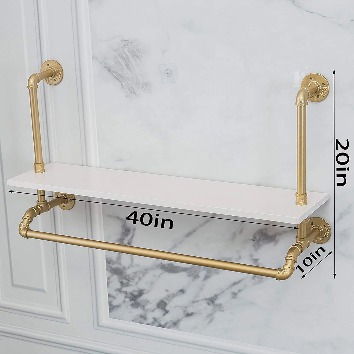 40" Gold White Industrial Wall-Mounted Iron Wooden Garment Rack F9160