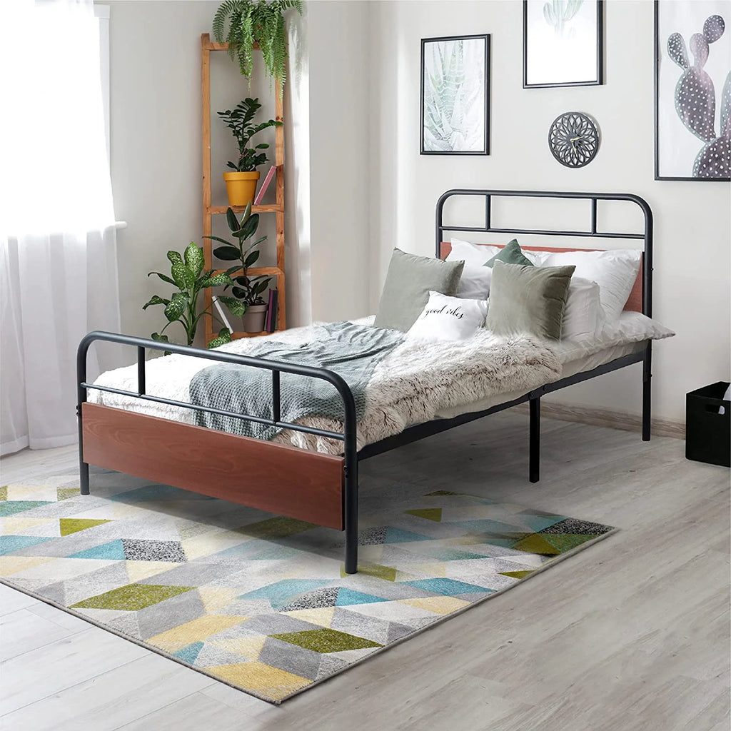 Twin Size Walnut Metal Platform Bed with Wood Headboard and Footboard E993