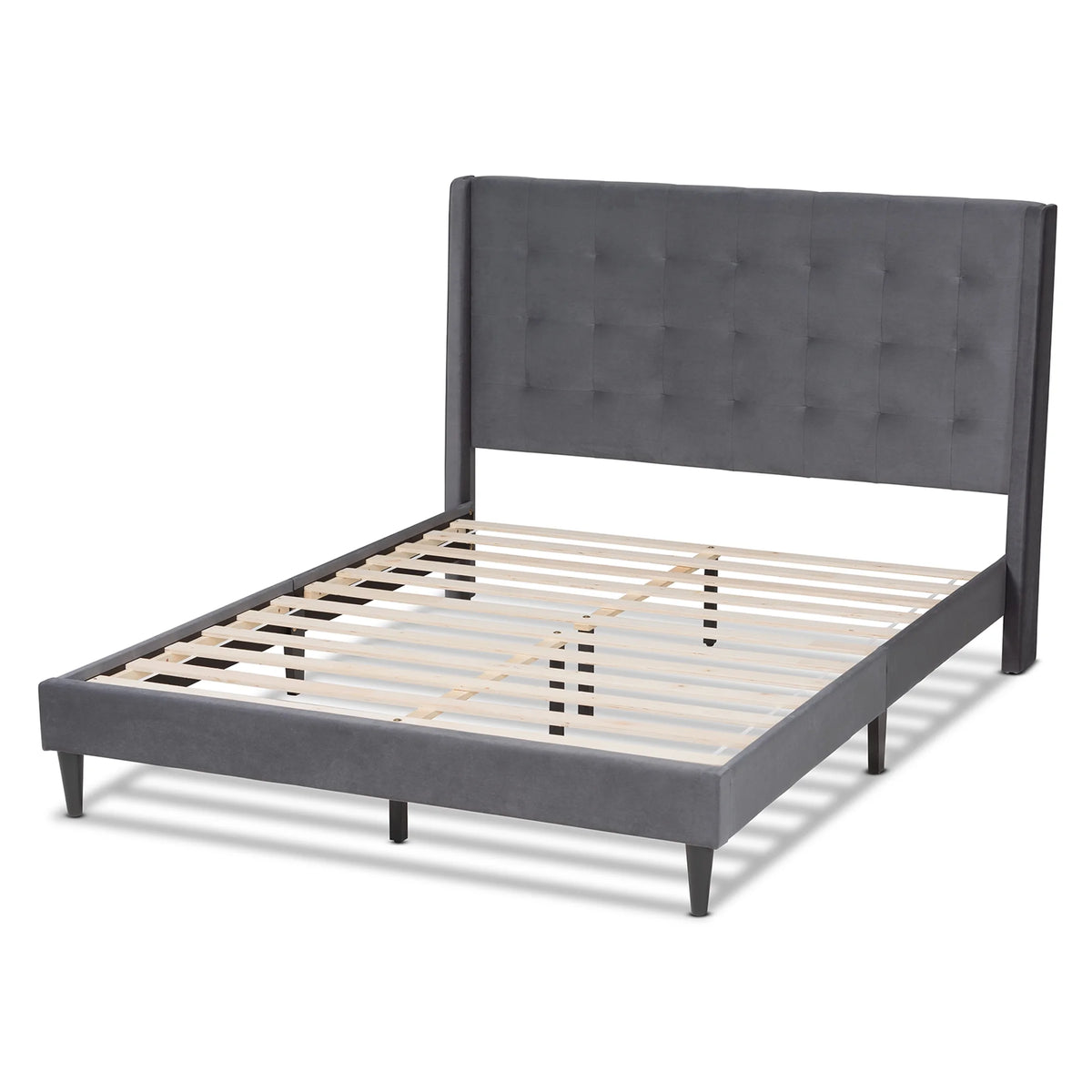 Grey Velvet Upholstered Dark Brown Wood King Size Platform Bed N386930