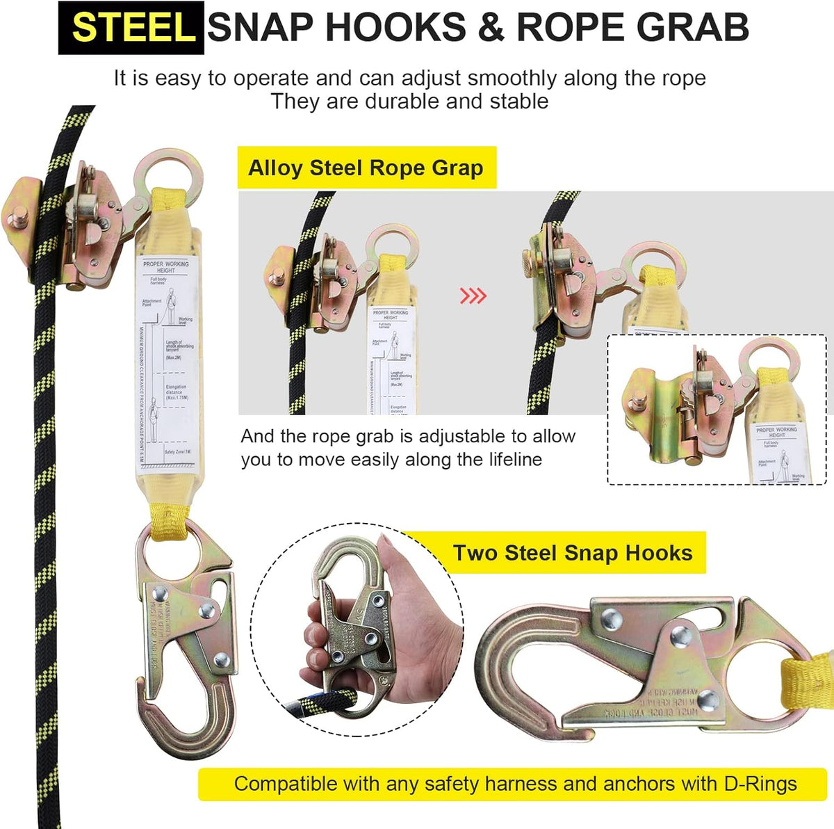 25 ft Rope Assembly with Rope Grab Snap Hooks Shock Absorber CE Standard Fall Protection Rope Kits Pack of 2 V826