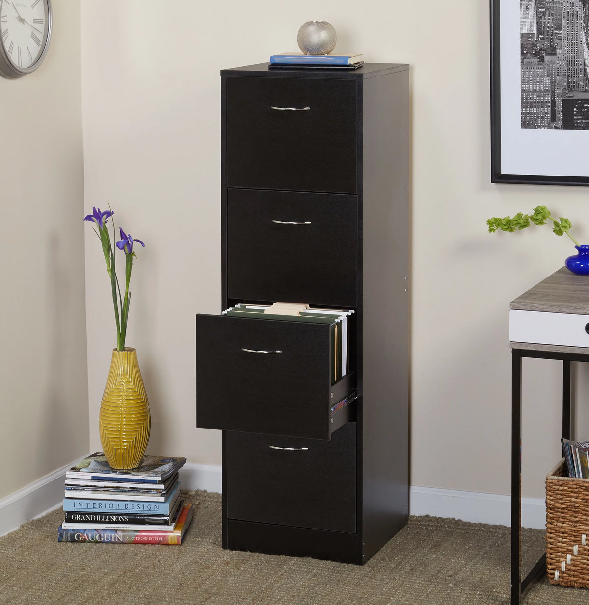 4 Drawer Wood Lockable Filing Cabinet, Black H8431