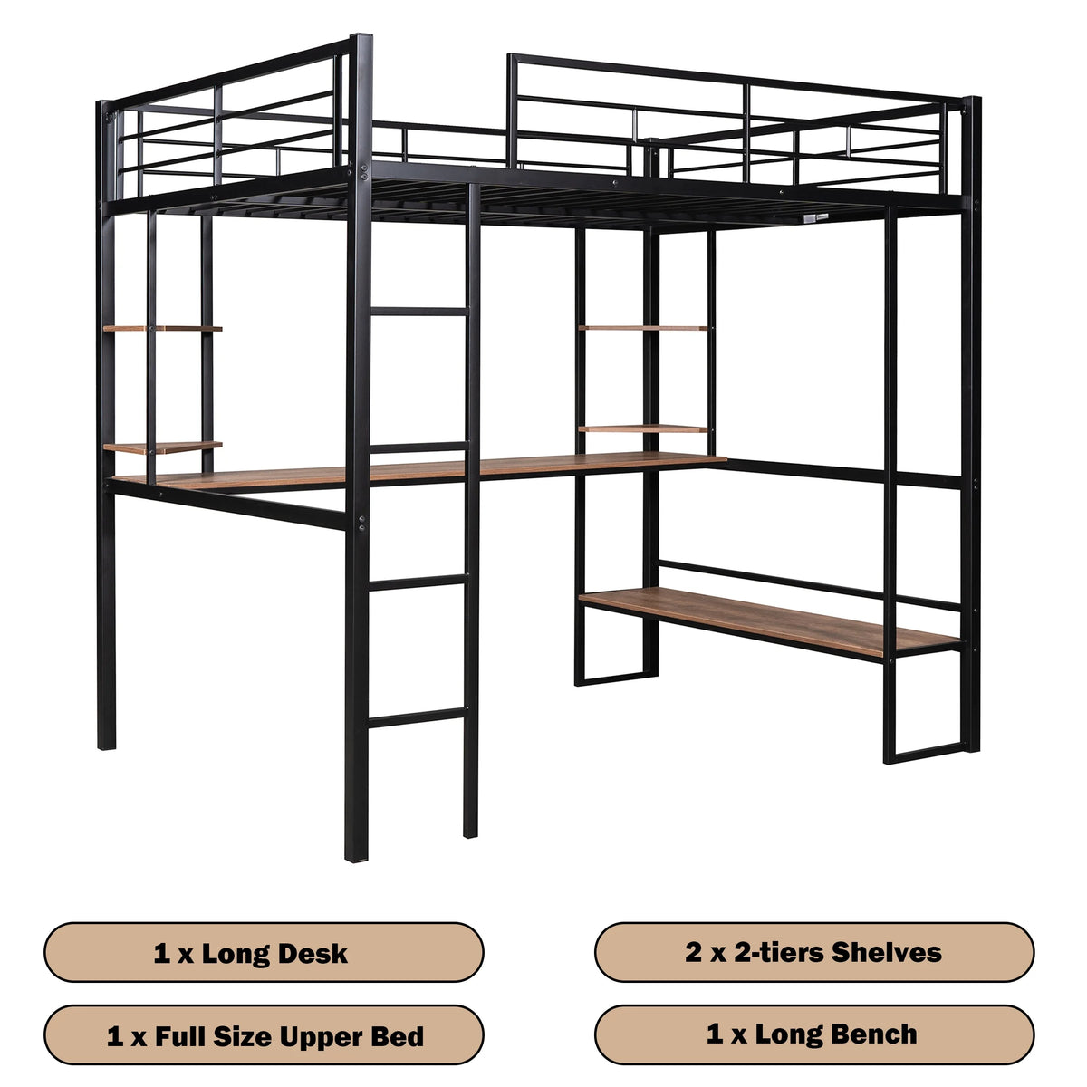 Full Size Metal Loft Bed with Desk and Shelves W626525