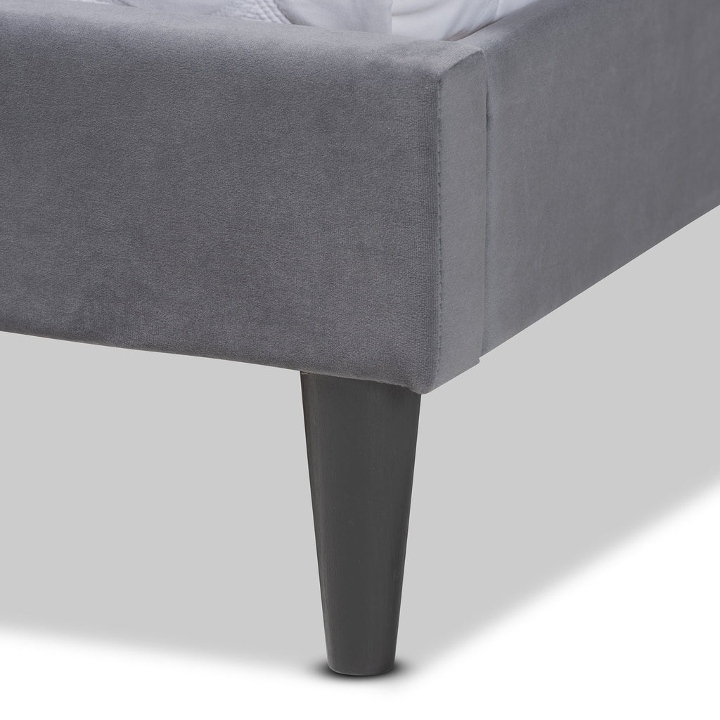 Grey Velvet Upholstered Dark Brown Wood King Size Platform Bed N386930