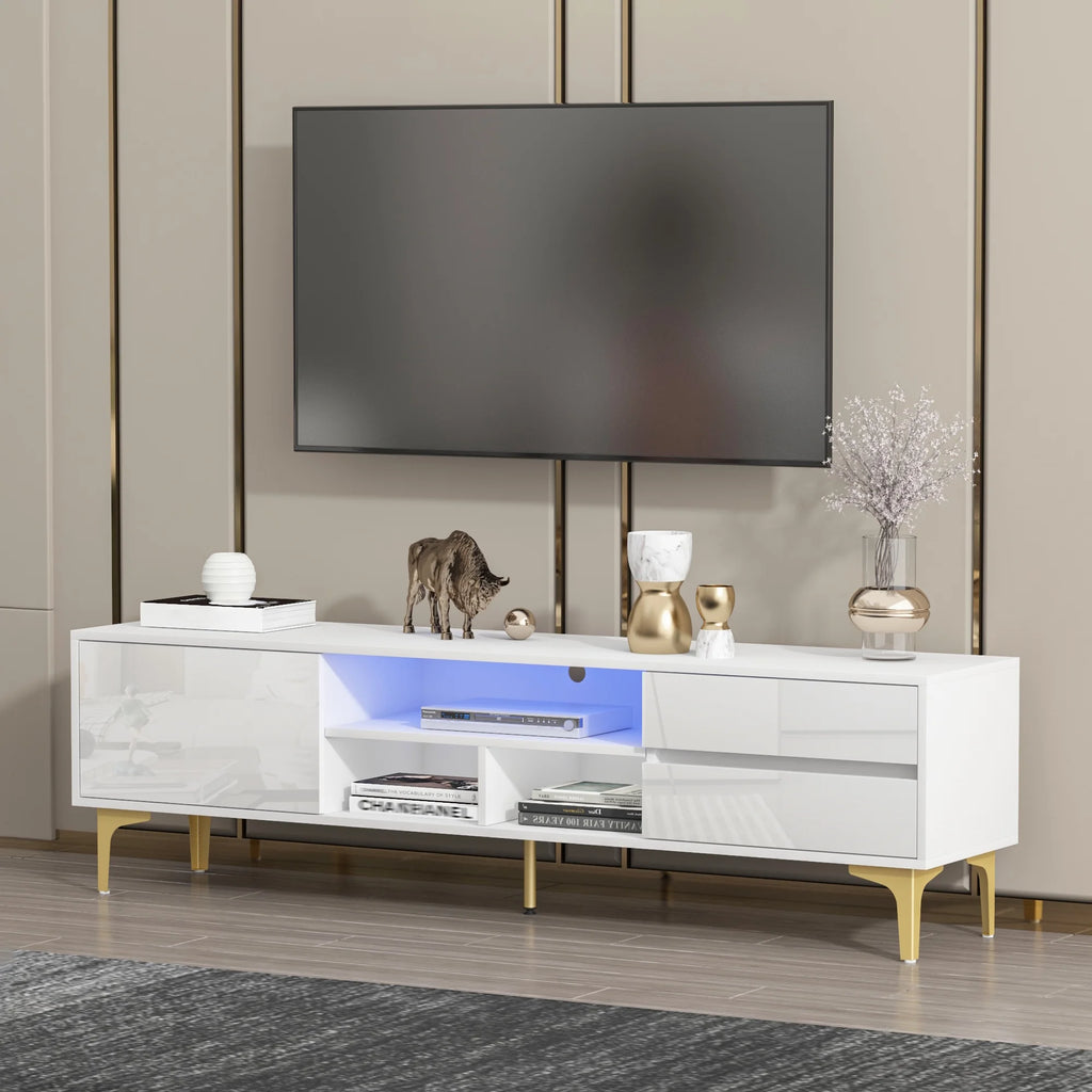 White TV Stand with LED Lights and Gold Metal Legs X316