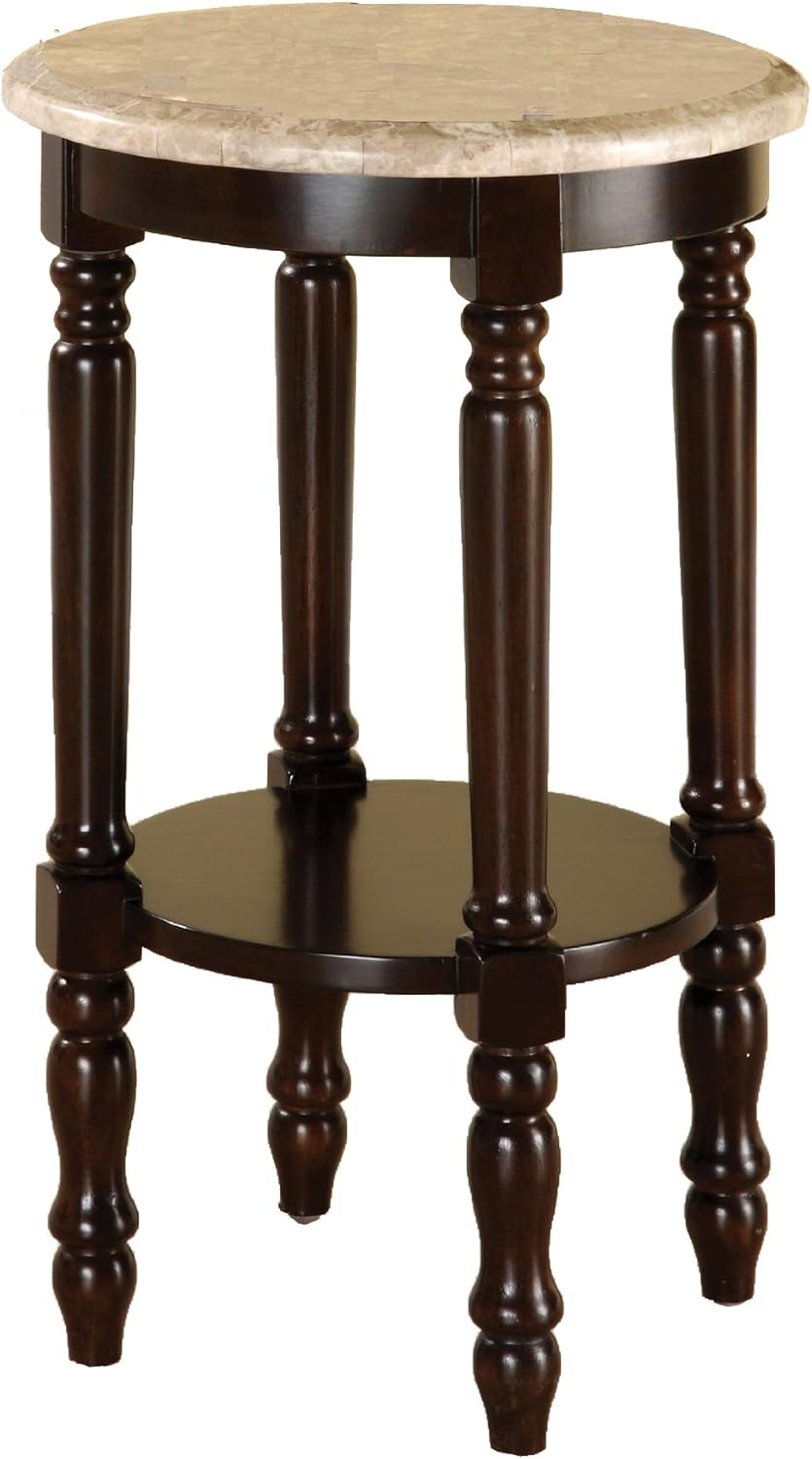 Round Stand with Genuine Marble Top, Dark Cherry Finish J9194