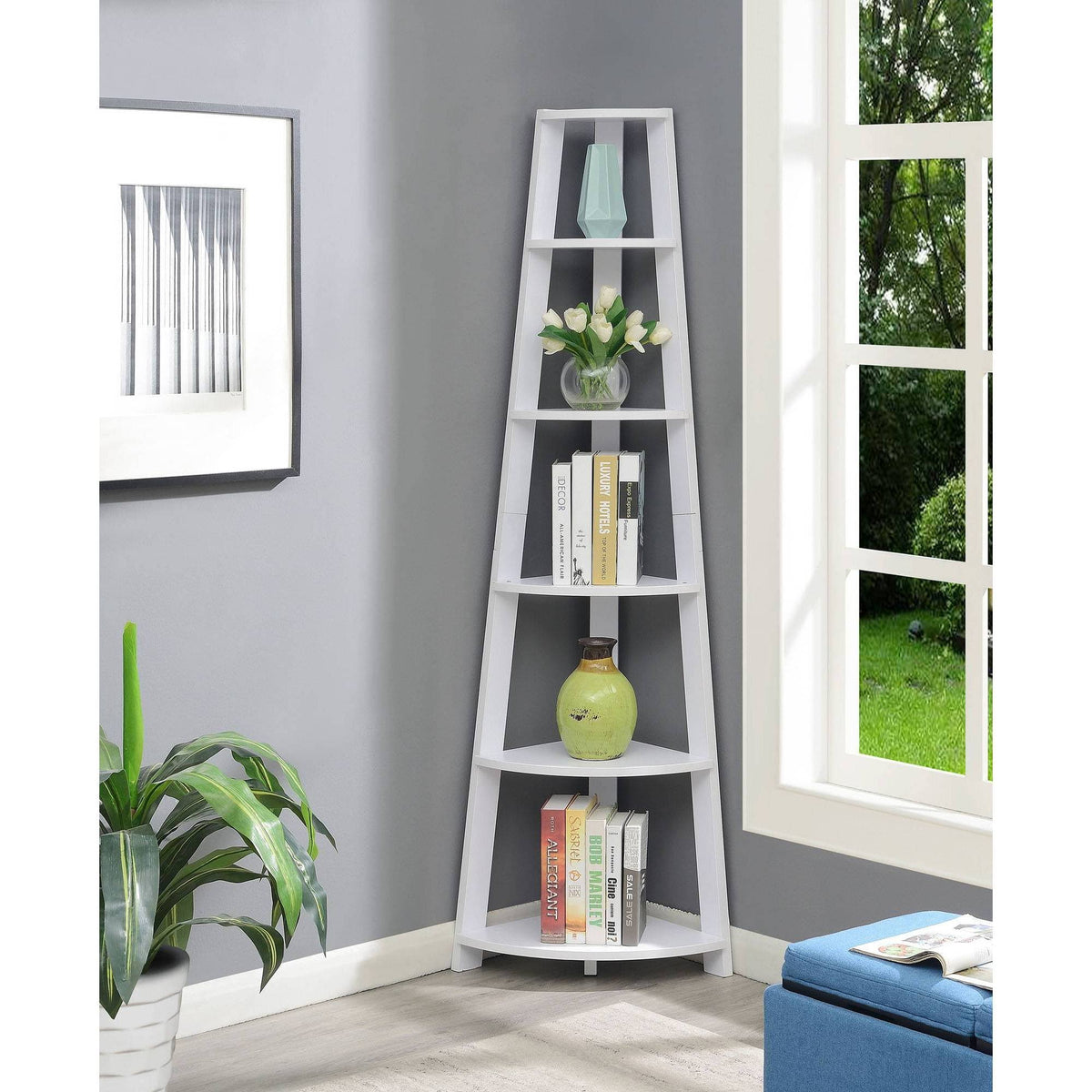 White 5 Tier Corner Bookcase C595