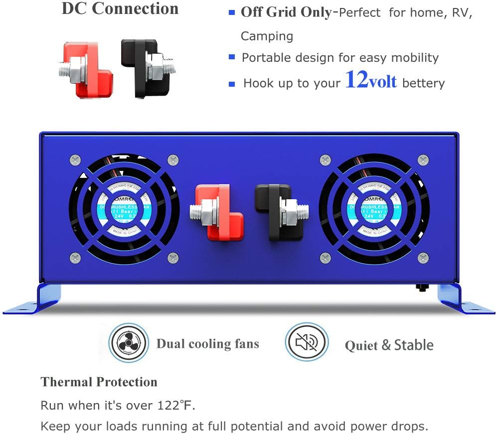 3000W Pure Sine Wave Power Inverter 12v to 110v 120v DC to AC with 2 USA Outlets 2 Battery Cables O79864