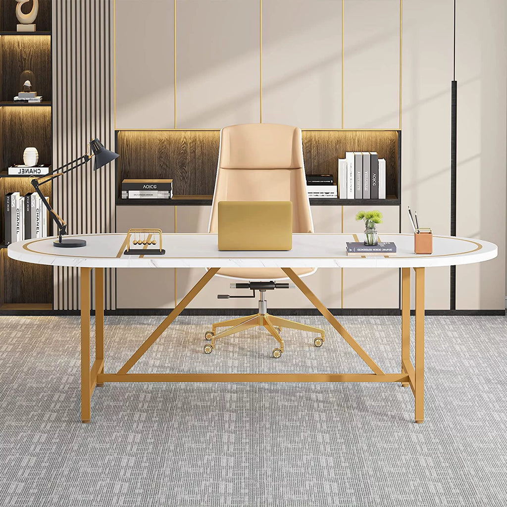 70.8" White and Gold Executive Desk D335