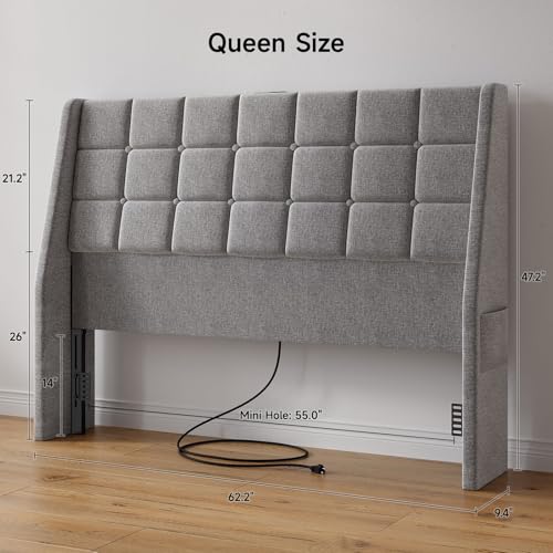 Queen Size Light Grey Linen Upholstered Headboard with Charging Station Y316